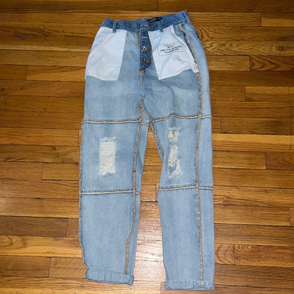 Maniere De Voir Inside Out Denim Jeans with Distressing- Light Blue